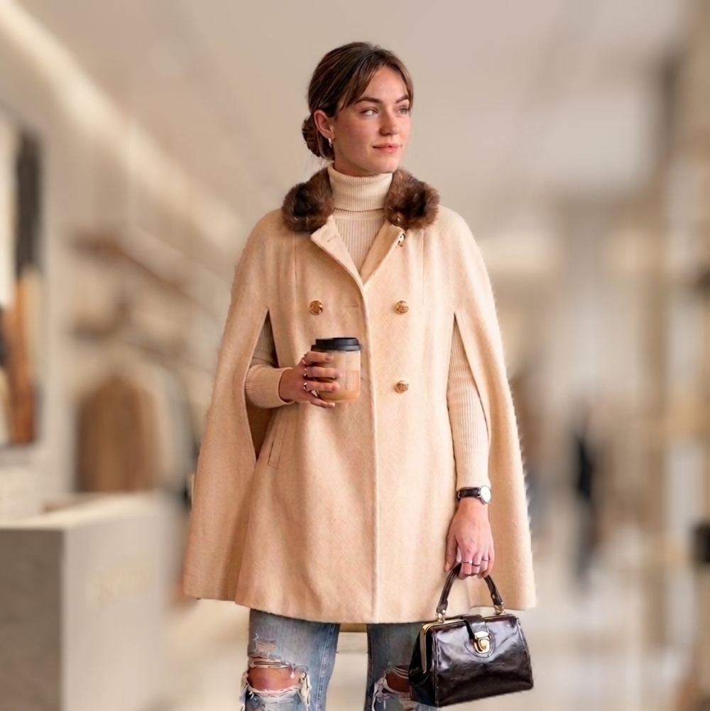 Vintage Youthcraft Wool Cape Coat with Mink Collar